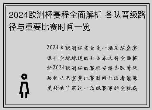 2024欧洲杯赛程全面解析 各队晋级路径与重要比赛时间一览