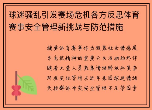 球迷骚乱引发赛场危机各方反思体育赛事安全管理新挑战与防范措施 球迷骚乱引发赛场危机各方反思体育赛事安全管理新挑战与防范措施